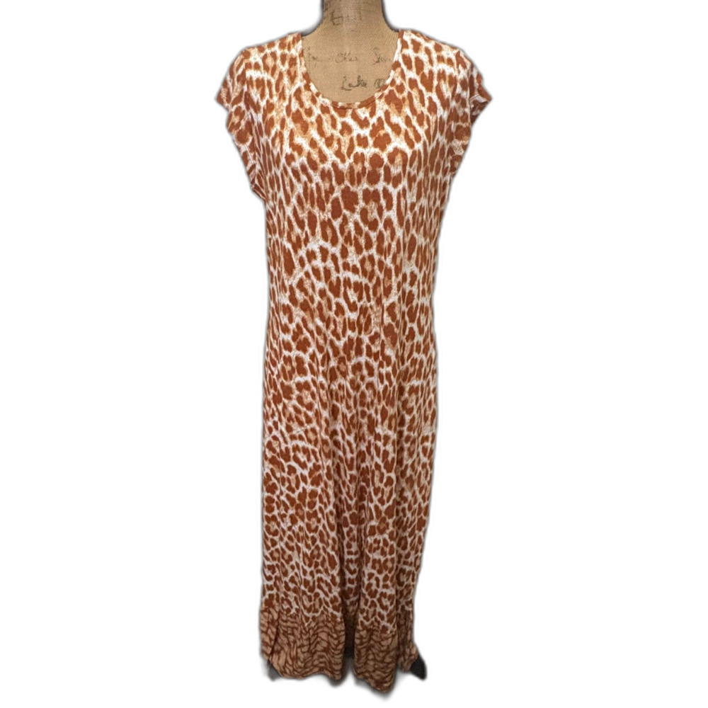 Denim & Co Tan Giraffe Animal Print Maxi Dress with Pockets Casual‎ Size Medium
